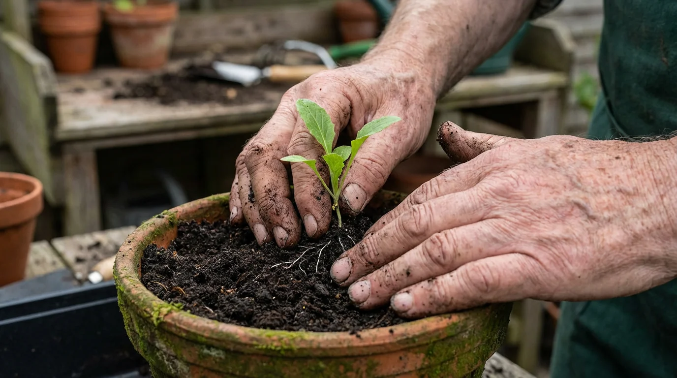 Close-up macro photo of elderly hands planting a small green seedling into a pot.