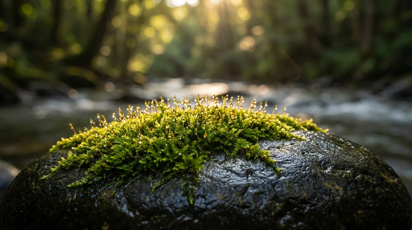 Close-up macro photo of green moss on a wet river stone during a golden sunset.