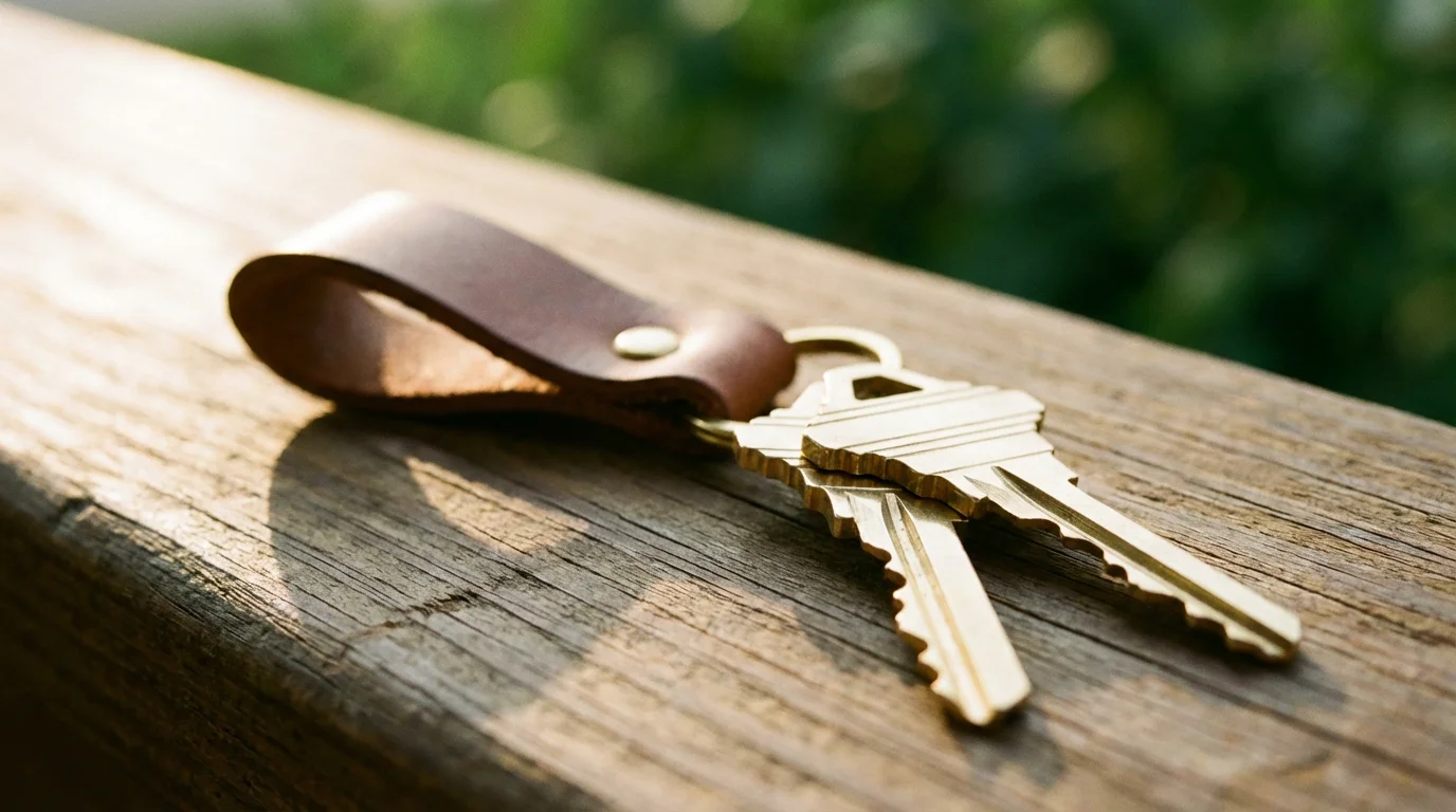 Close-up macro photo of new brass house keys on a wooden porch step.