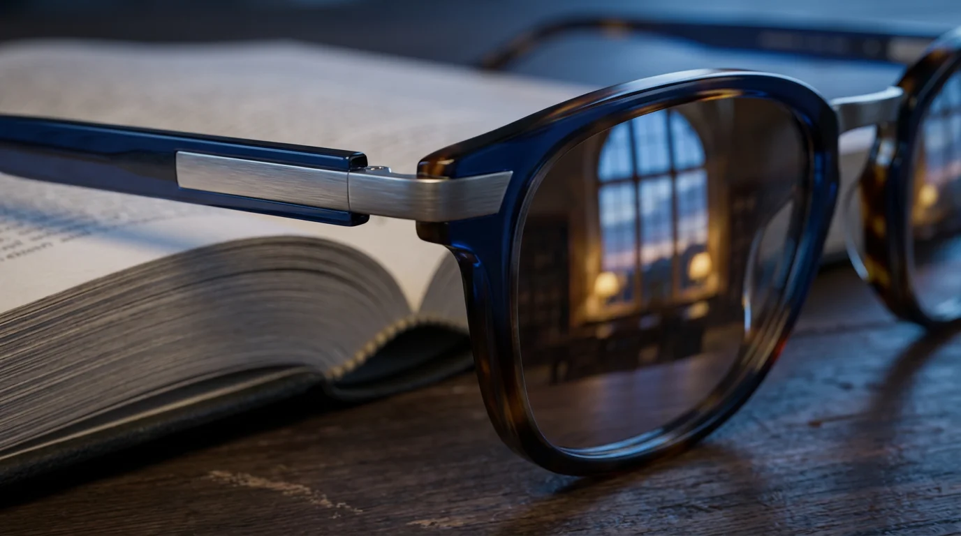 Close-up macro photo of reading glasses resting on a book during evening blue hour.