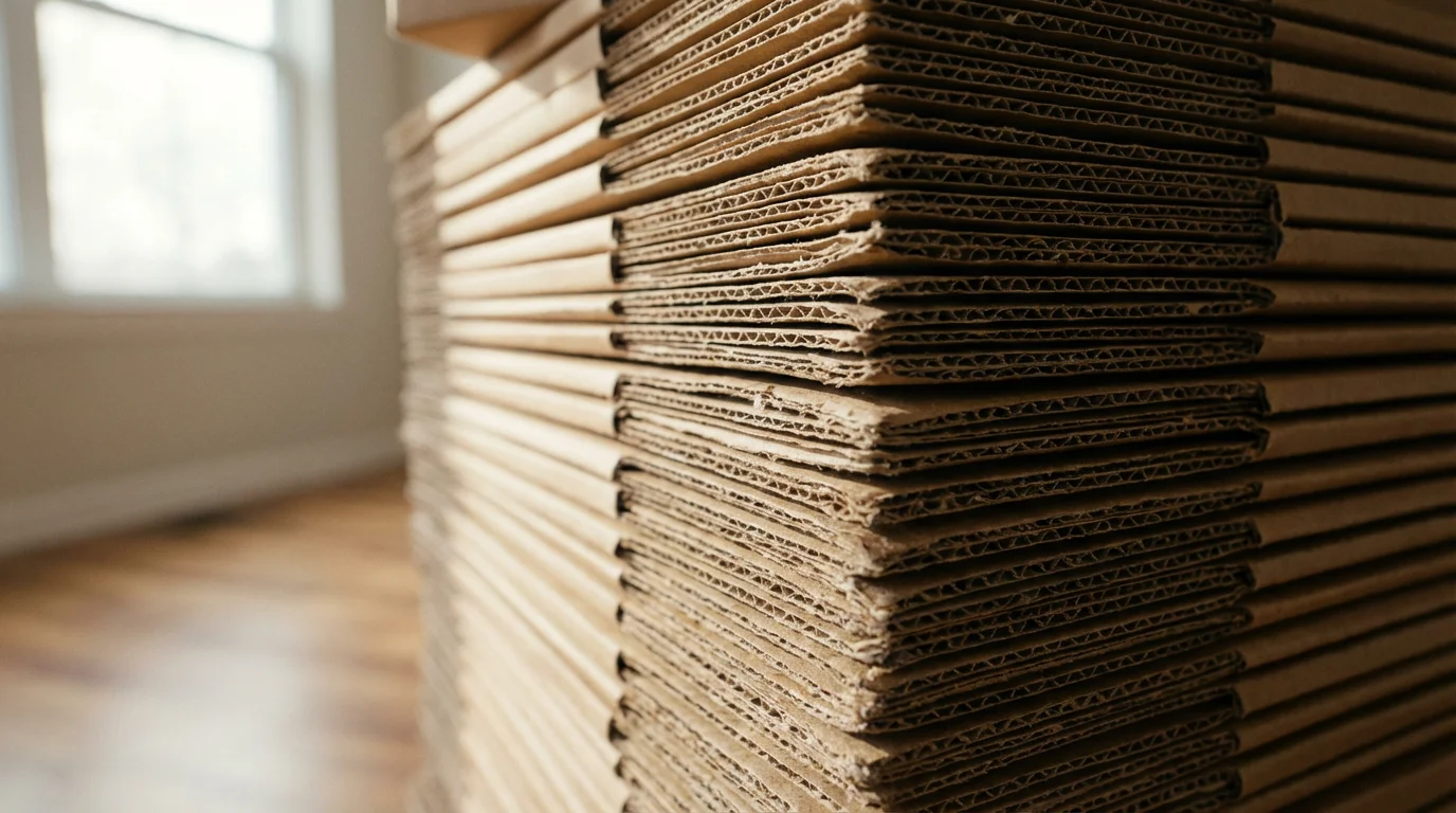 Close-up macro photo of stacked cardboard moving boxes in a brightly lit room.