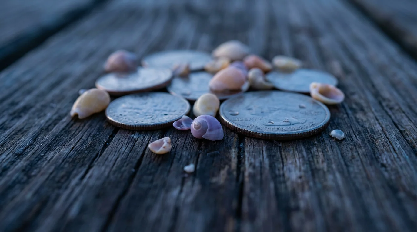 Close-up macro photo of US coins and small colorful seashells on a wooden surface.