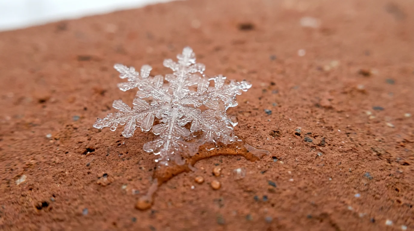 Close-up macro photograph of a single snowflake melting on a warm terracotta tile surface.