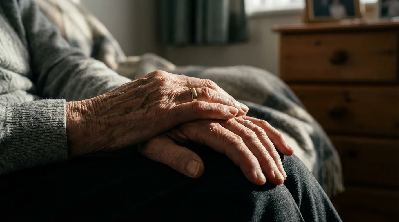 Close-up macro photograph of an elderly couple's intertwined hands, symbolizing support during relocation.