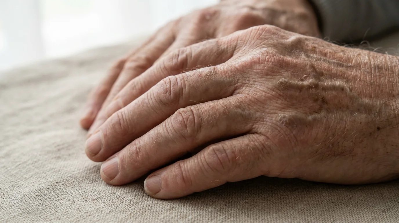 Close-up macro photograph of the textured skin on an older person's knuckles.