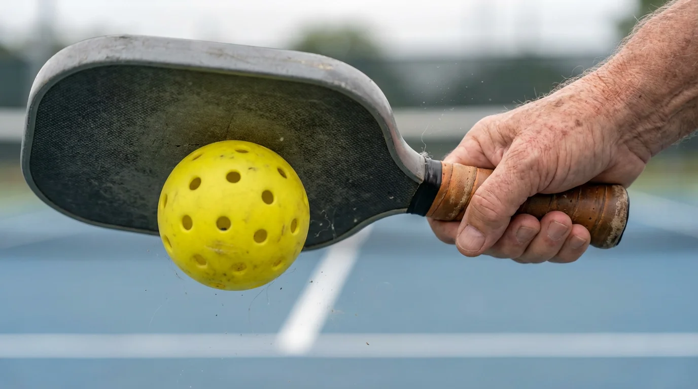Close-up macro shot of a pickleball paddle hitting a bright yellow ball.