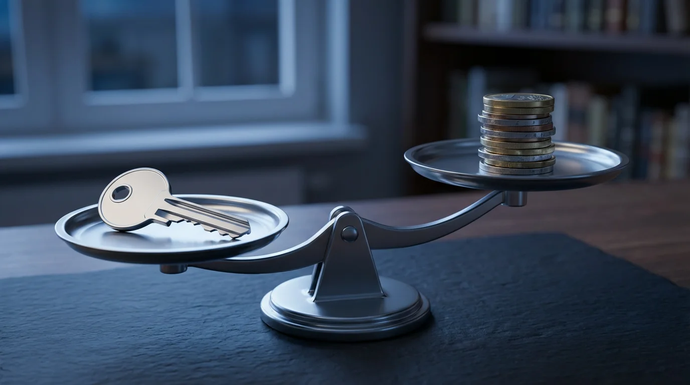Close-up of a balance scale weighing a silver house key against a stack of coins.