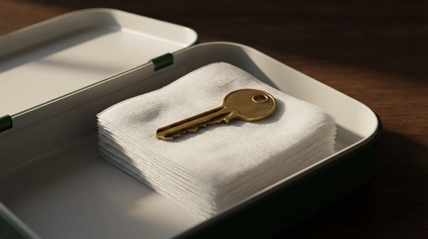 Close-up of a brass house key resting inside an open first-aid kit.