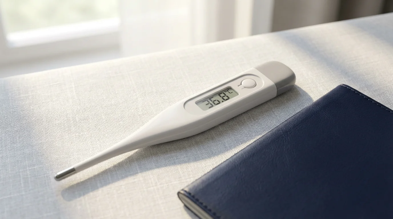 Close-up of a digital thermometer and a passport on a table in soft light.
