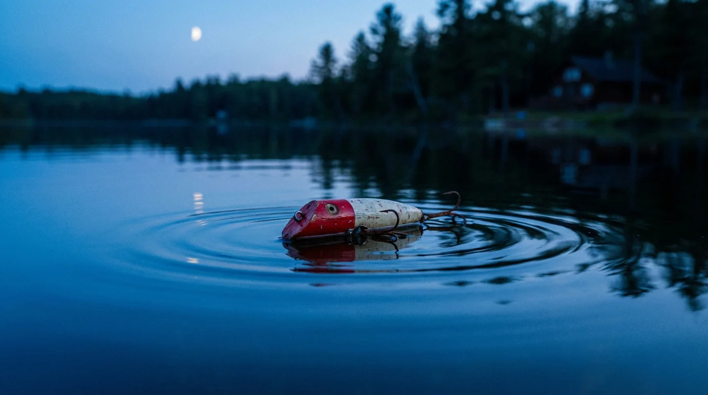 Close-up of a fishing lure floating on a calm lake at twilight.