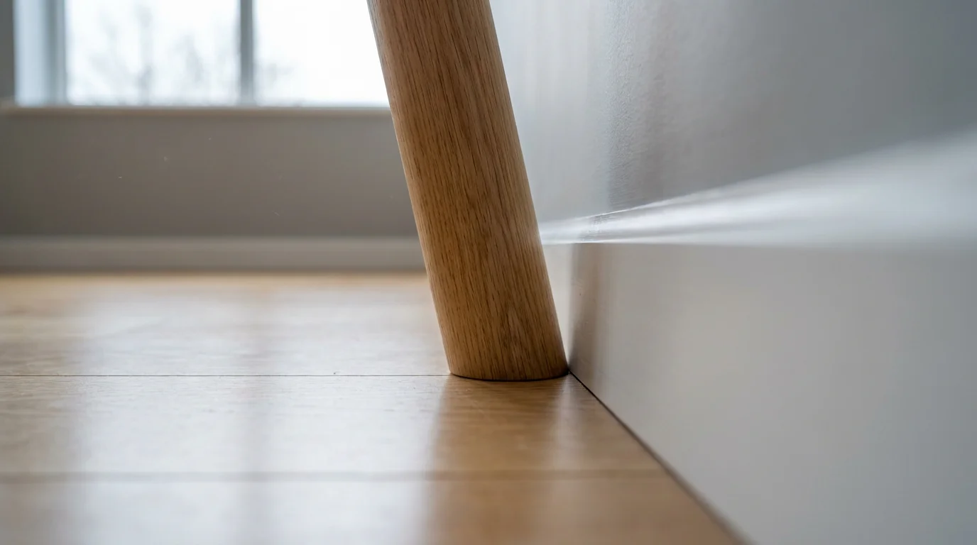 Close-up of a furniture leg pulled away from a wall to create space.