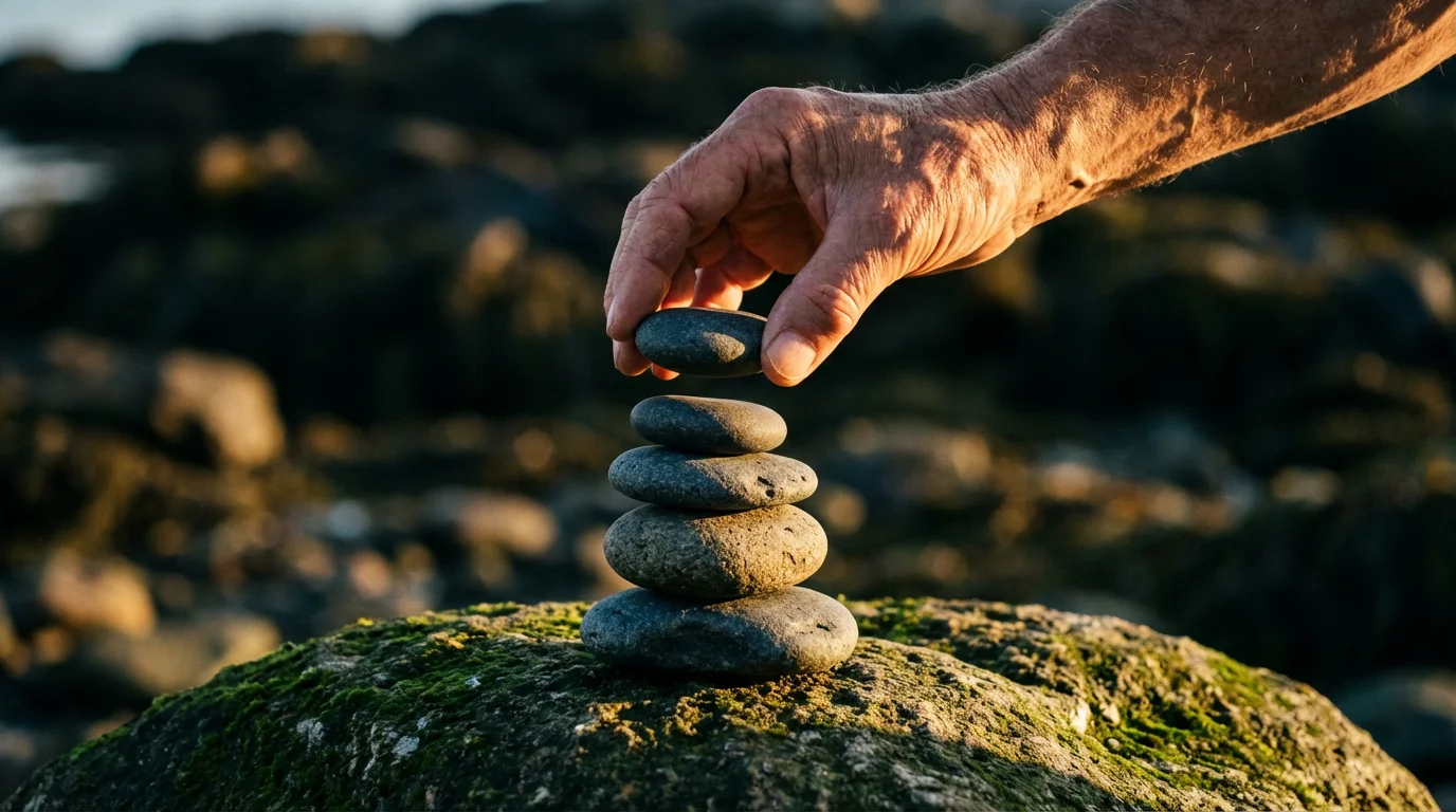 Close-up of a hand carefully balancing a stack of smooth, dark beach stones.
