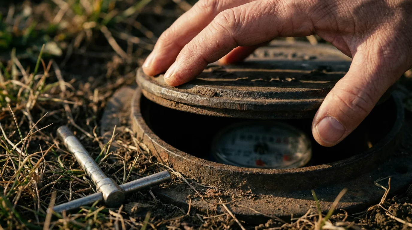 Close-up of a hand lifting an outdoor water meter cover during late afternoon.