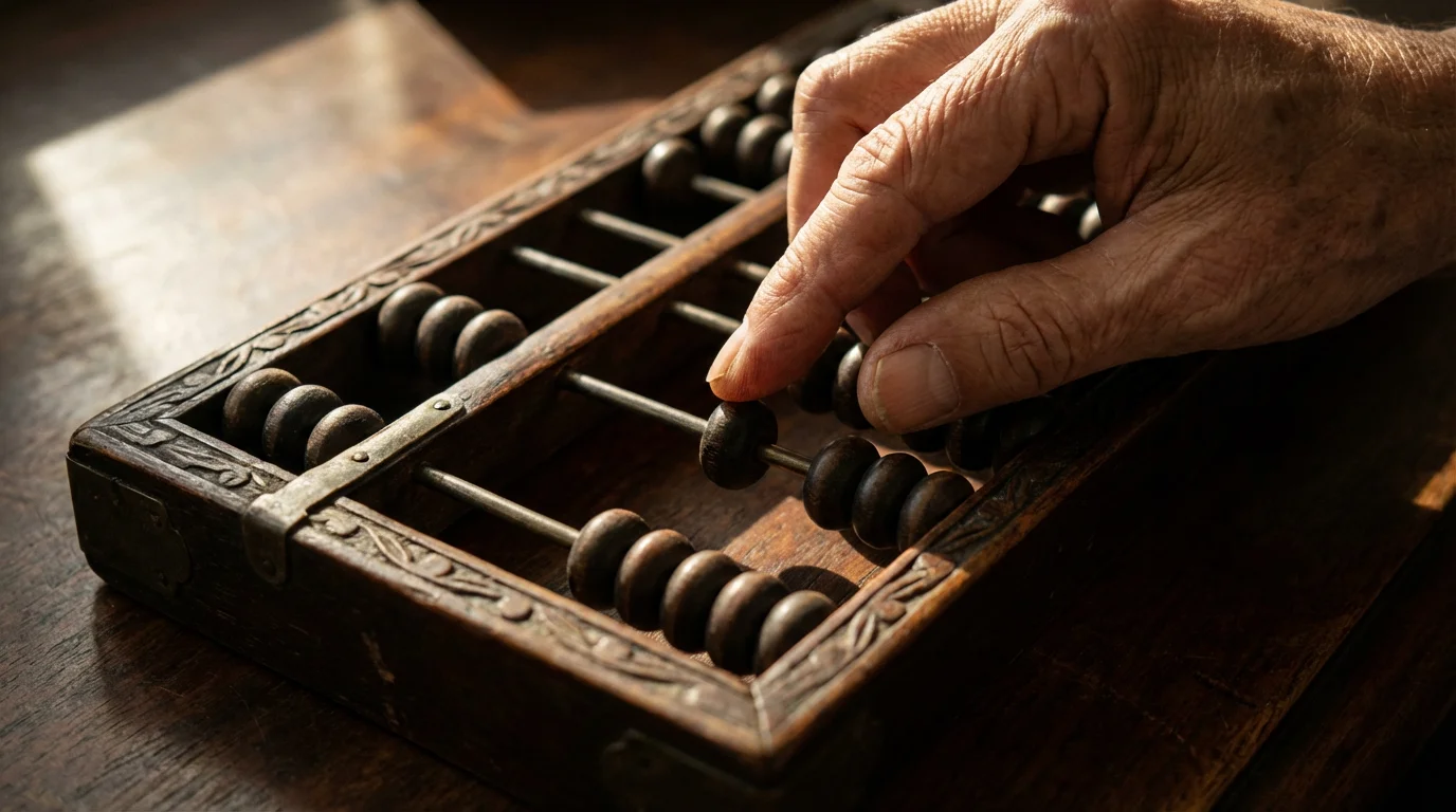 Close-up of a hand moving a single bead on a vintage abacus, representing financial planning.