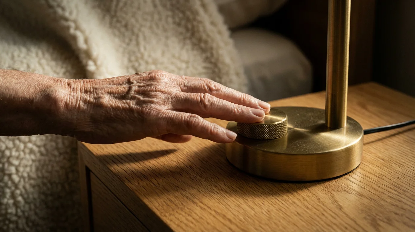 Close-up of a hand on a large, accessible bedside lamp switch in a bedroom.