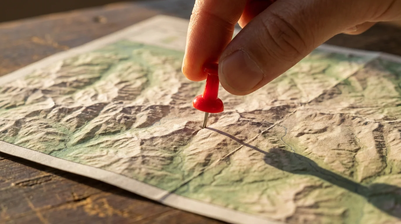 Close-up of a hand placing a red push pin on a paper map.