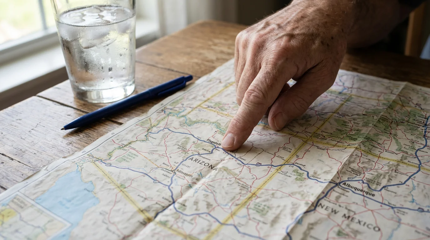 Close-up of a hand tracing a route on a map of the desert southwest.