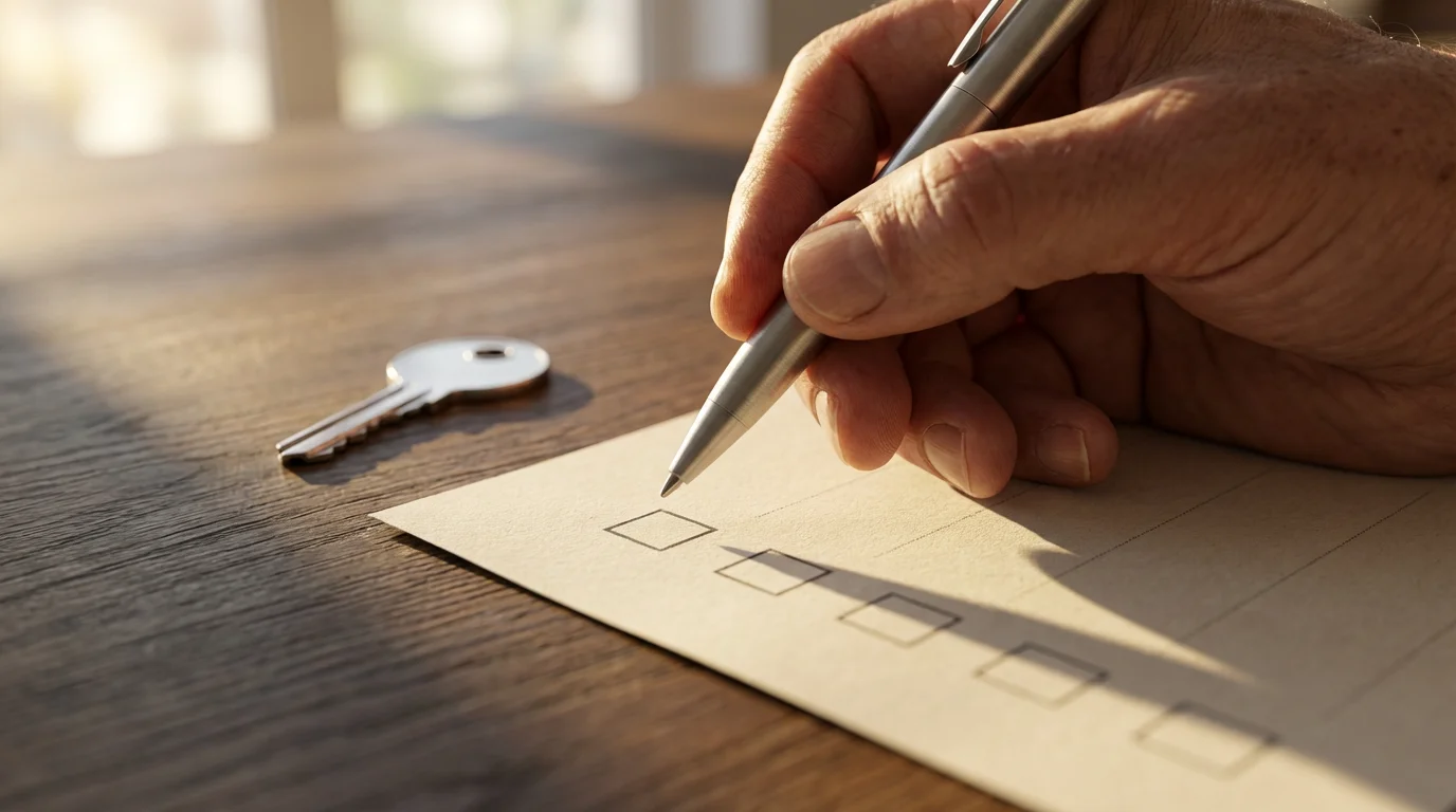 Close-up of a hand with a pen ready to mark off an item on a checklist.
