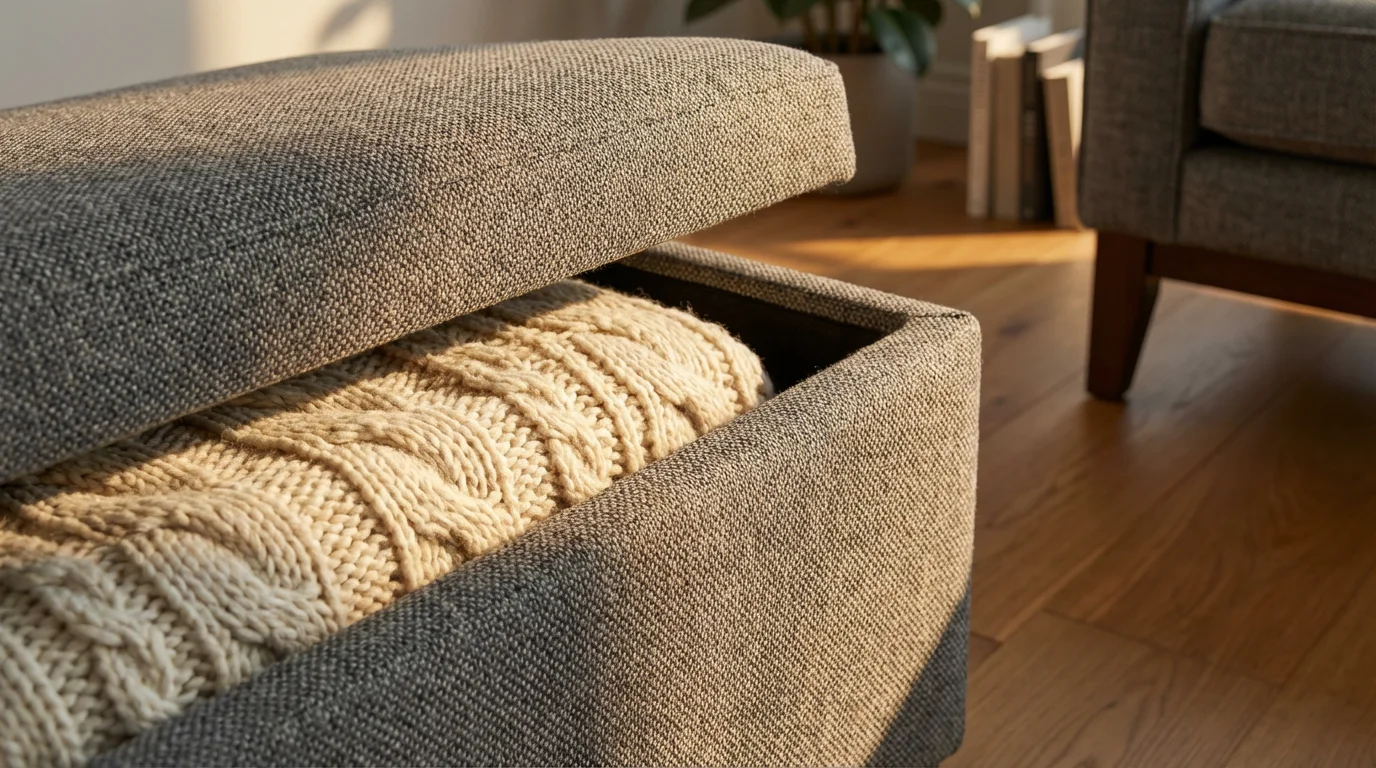 Close-up of a modern fabric storage ottoman with a neatly folded blanket inside.
