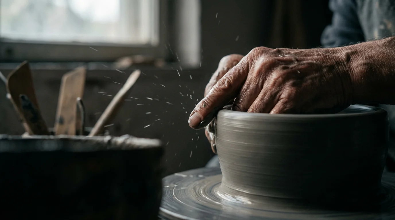 Close-up of a potter's hands shaping a wet clay pot on a wheel.