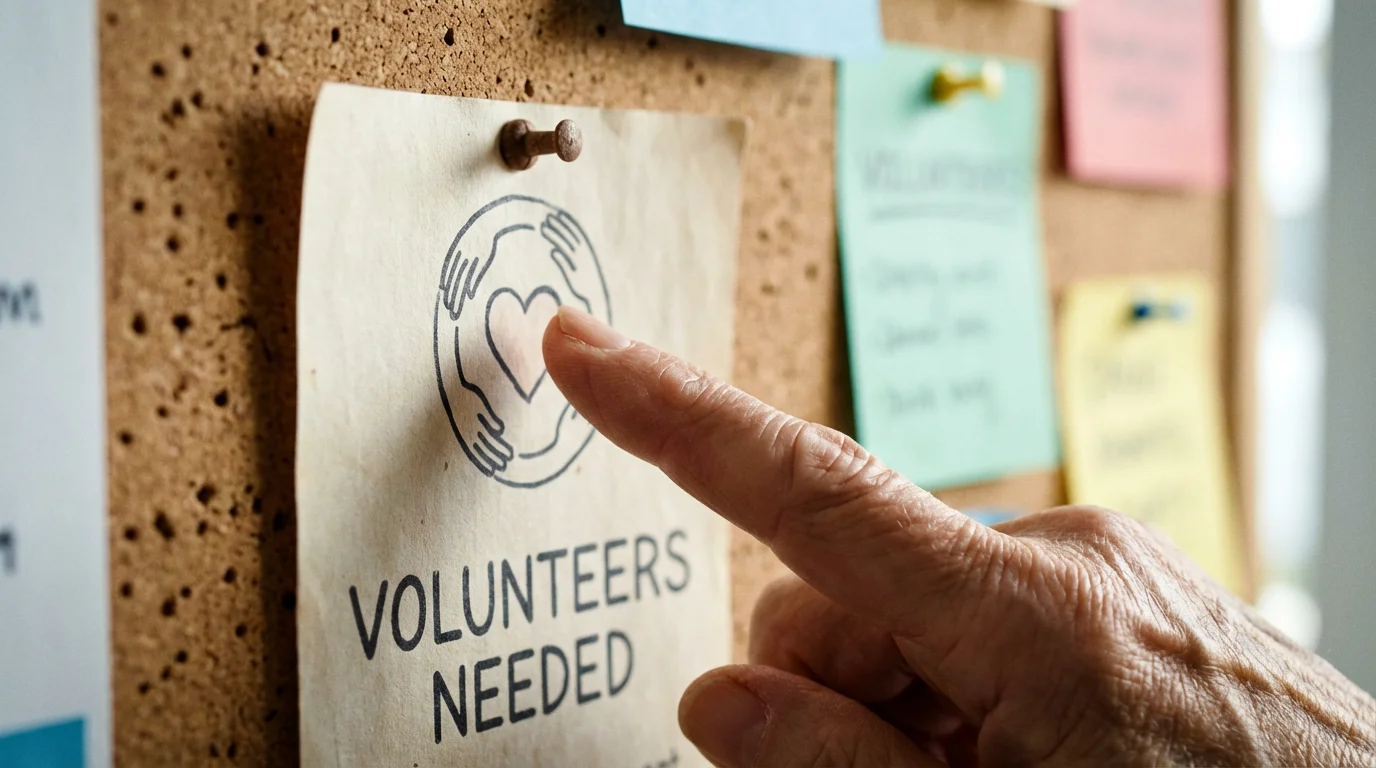 Close-up of a senior's finger pointing to a volunteer notice on a community board.