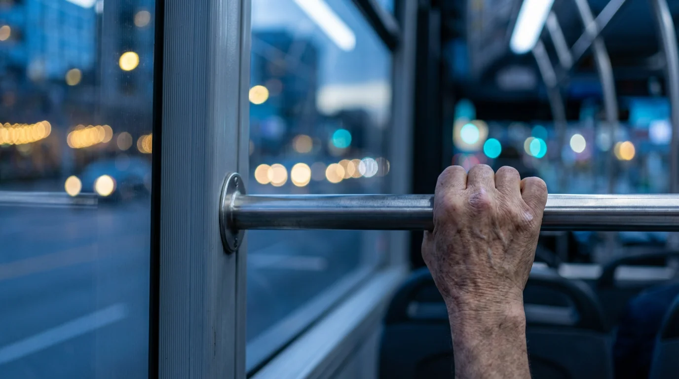 Close-up of a senior's hand holding a grab bar on public transit at dusk.