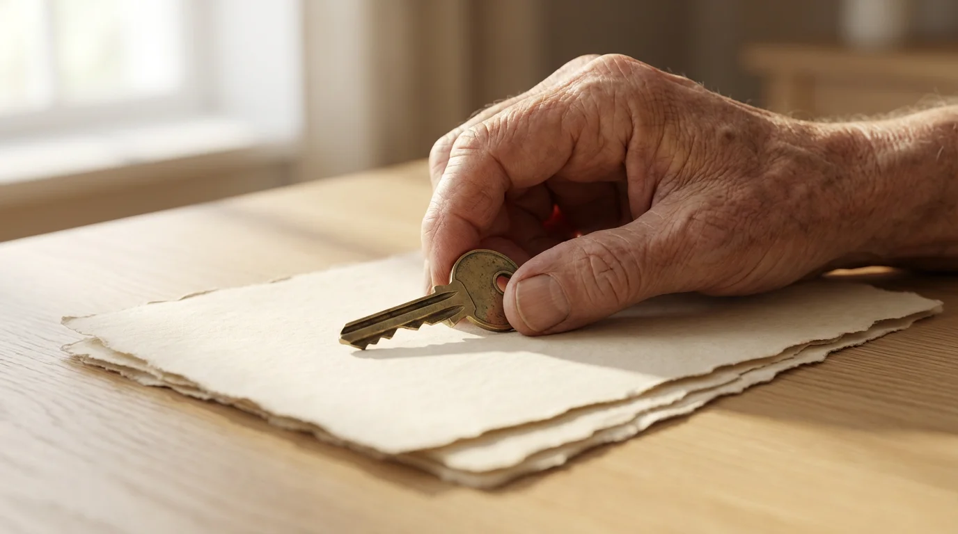 Close-up of a senior's hand holding a house key on a stack of papers.