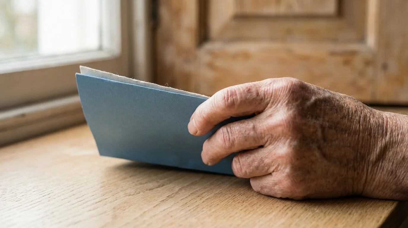 Close-up of a senior's hand holding a simple blue assistance program pamphlet.