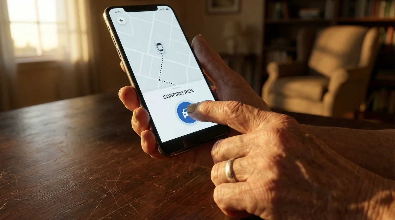 Close-up of a senior's hand holding a smartphone with a ride-sharing app interface.