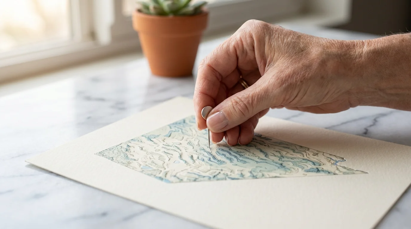 Close-up of a senior's hand placing a pin on a stylized map of Nevada.