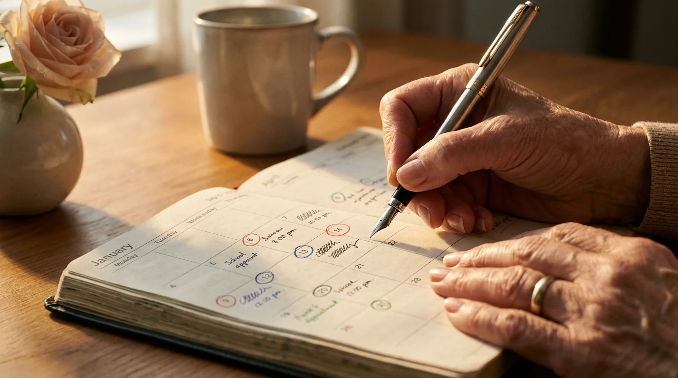 Close-up of a senior's hand writing social plans in a paper calendar during golden hour.