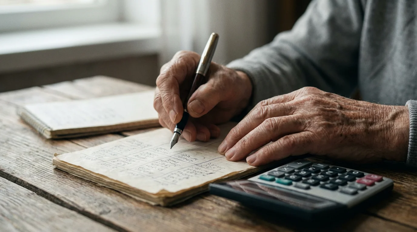 Close-up of a senior's hands planning a relocation budget on a desk with a calculator.