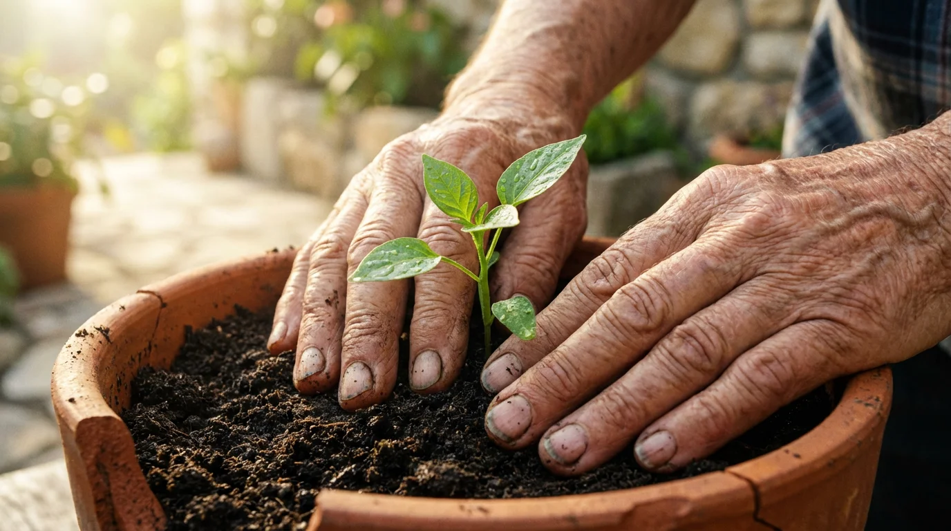 Close-up of a senior's hands planting a small green seedling in a pot.
