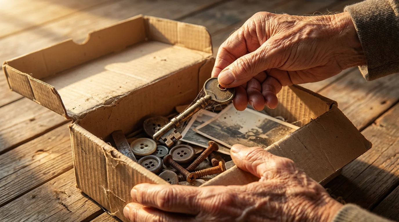 Close-up of an elderly hand placing a vintage brass key into a cardboard box.
