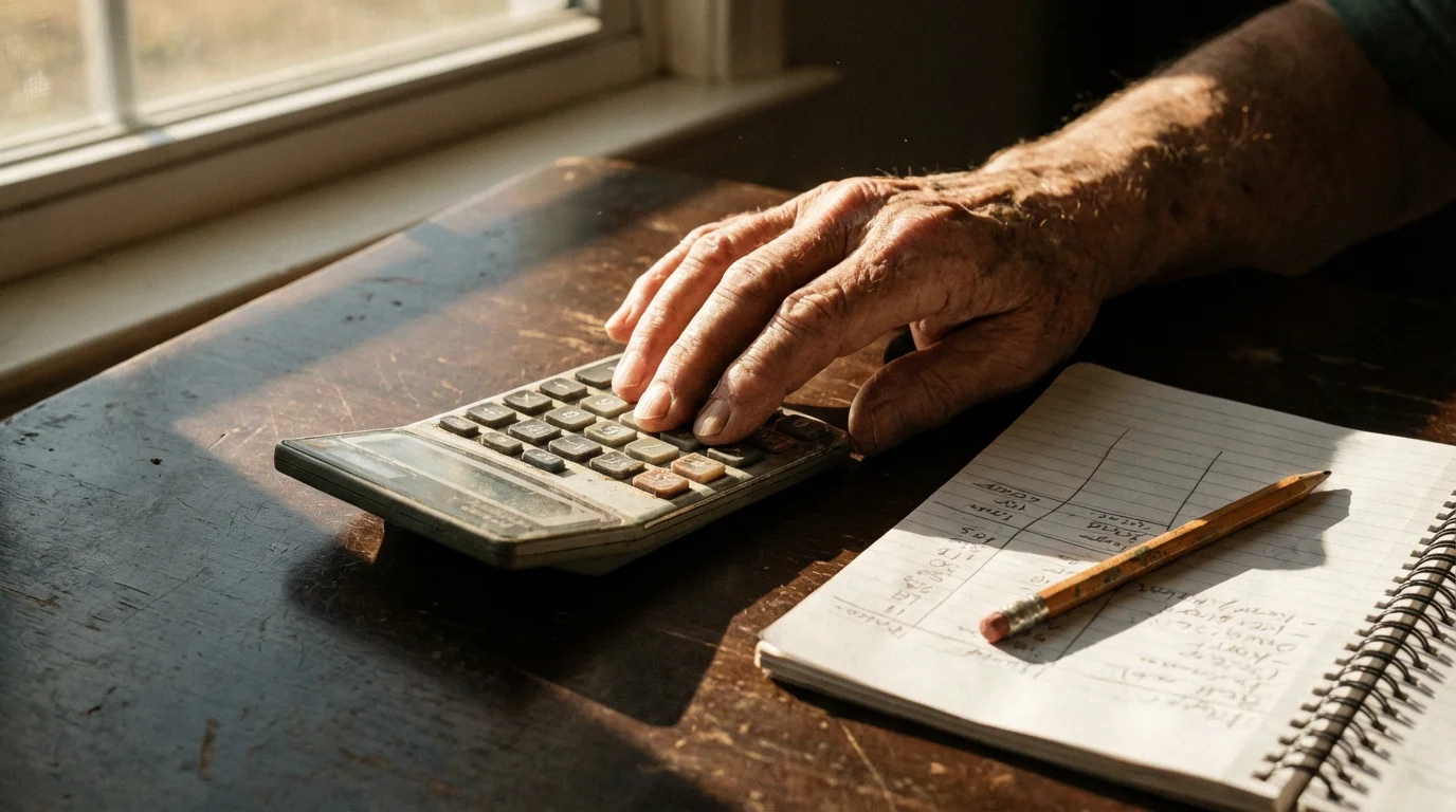 Close-up of an elderly hand using a calculator next to a notebook for budgeting.