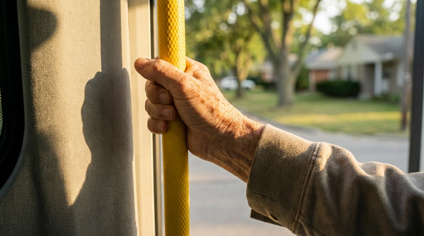 Close-up of an elderly person's hand holding a yellow safety grab bar in a shuttle van.