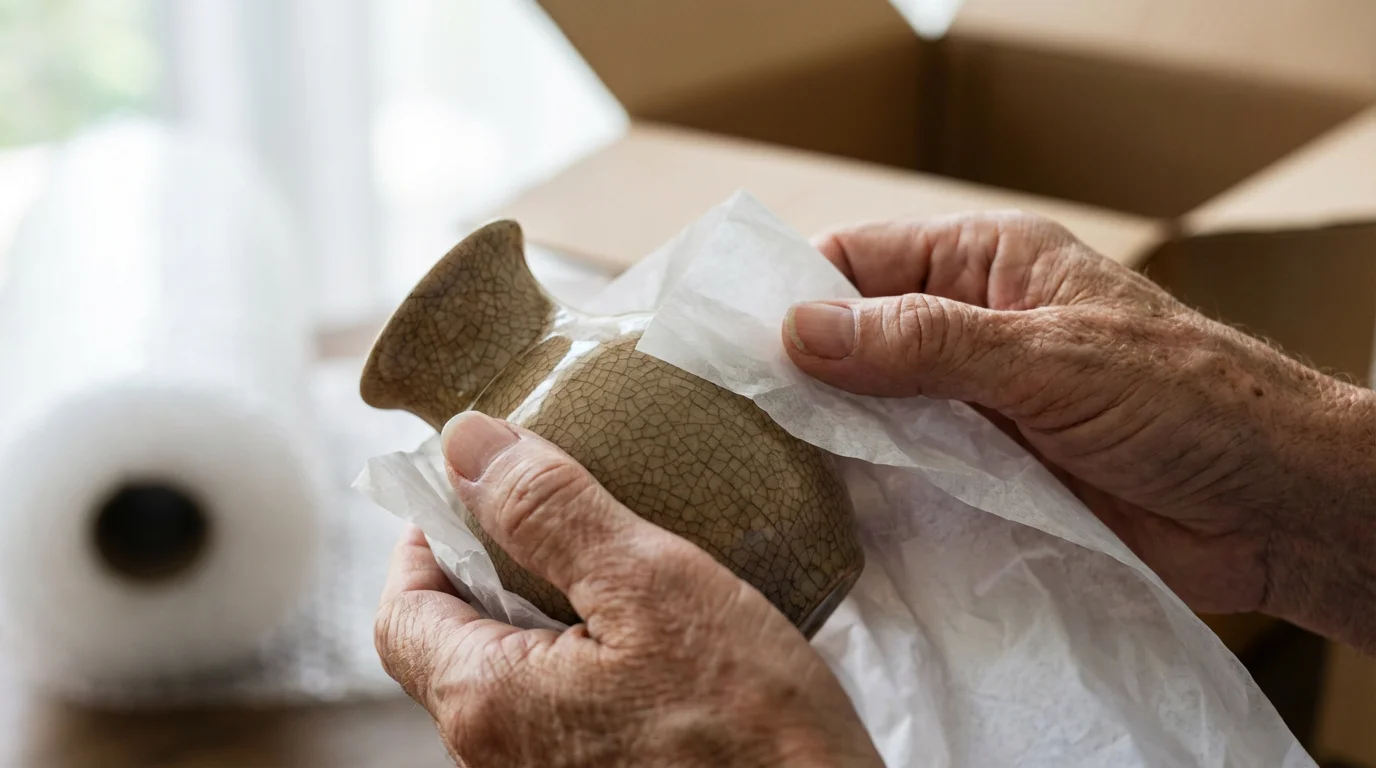 Close-up of hands carefully wrapping a delicate ceramic vase in tissue paper for moving.