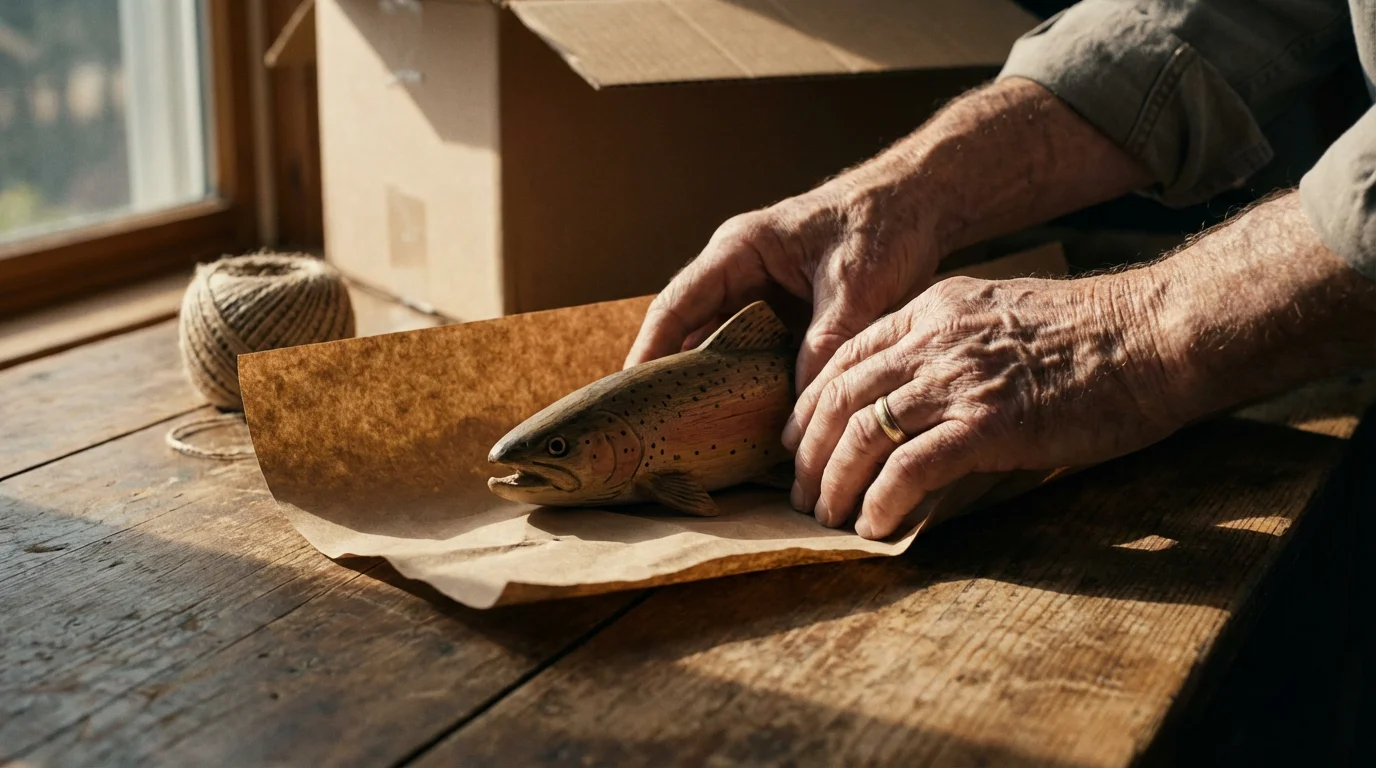 Close-up of hands carefully wrapping a small wooden fish sculpture for a retirement move.