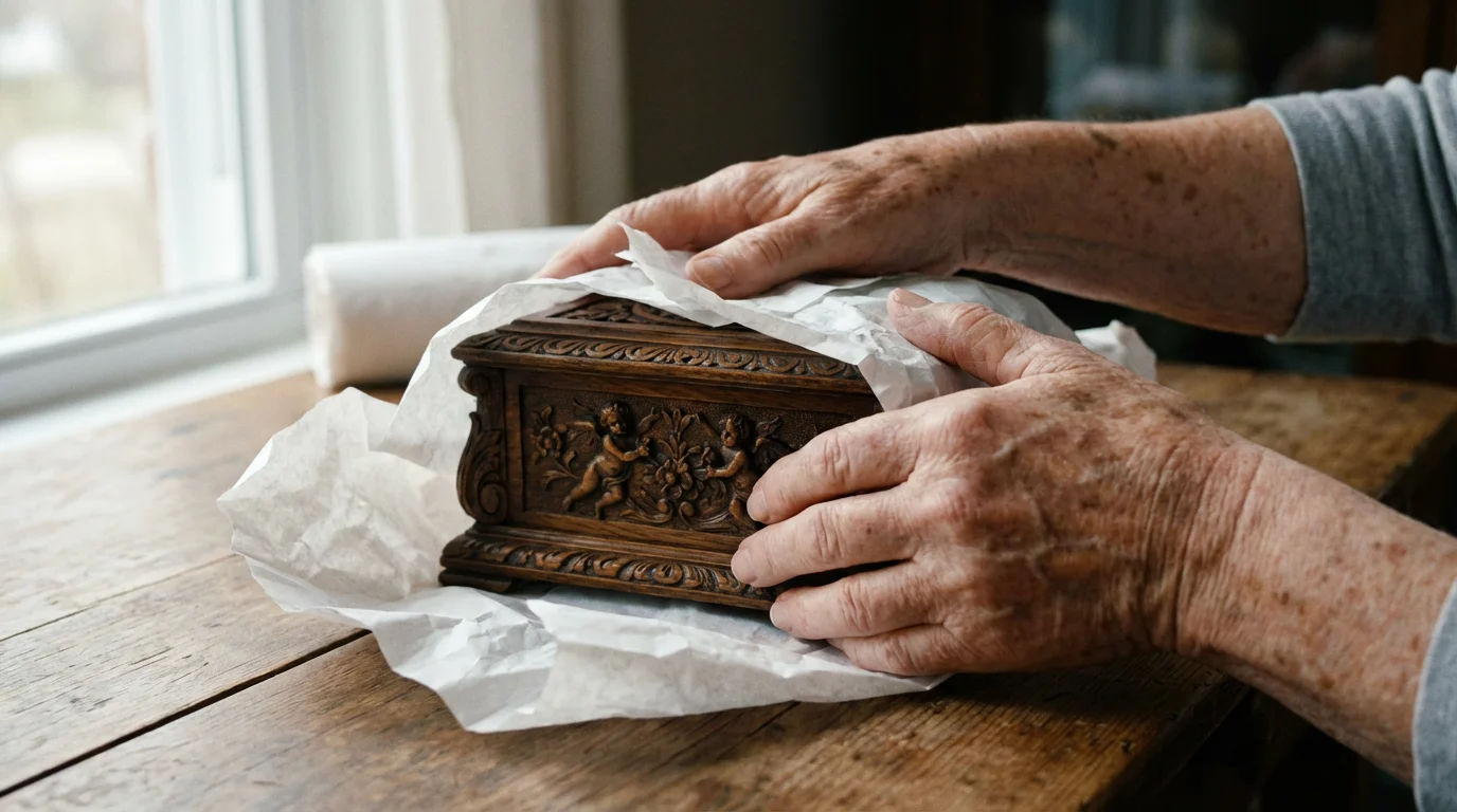 Close-up of hands carefully wrapping a vintage wooden music box in paper for storage.