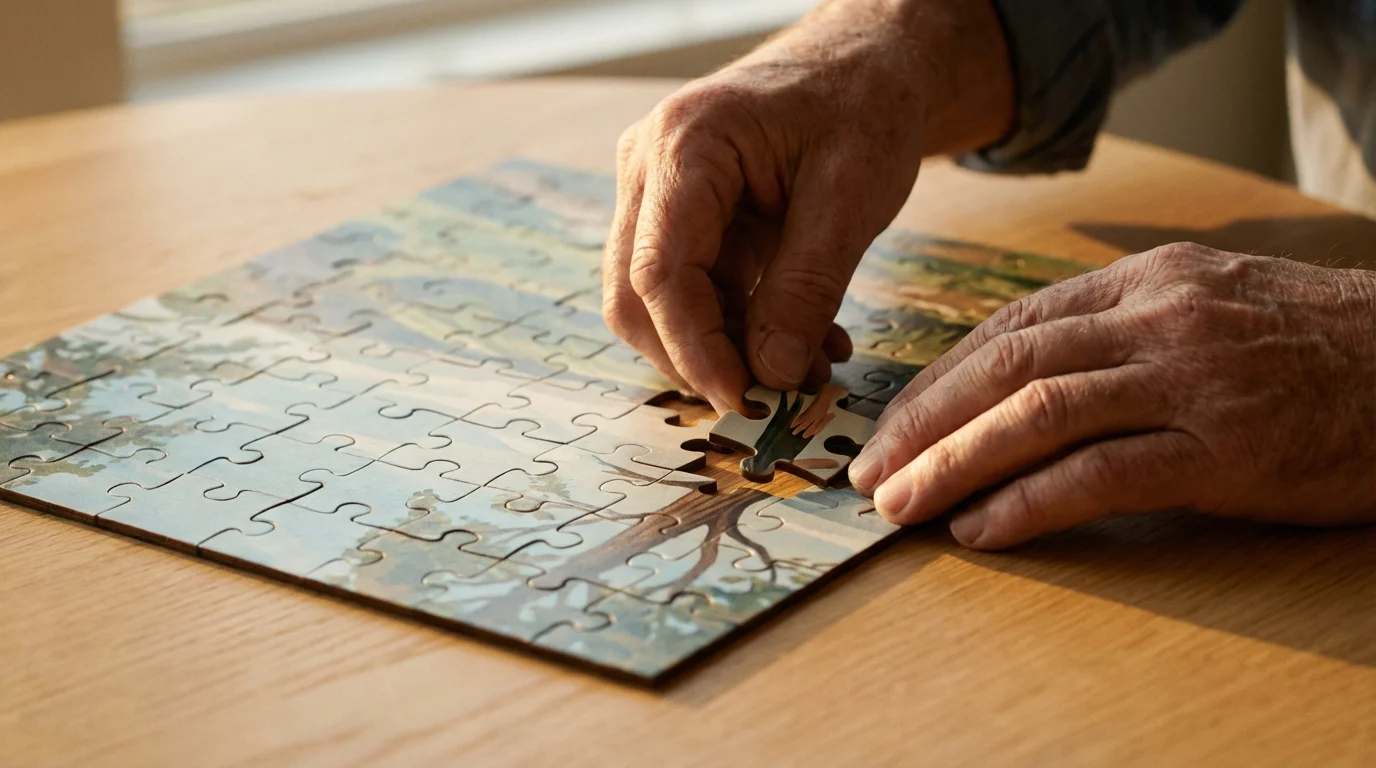 Close-up of hands fitting the final piece into a jigsaw puzzle at sunset.