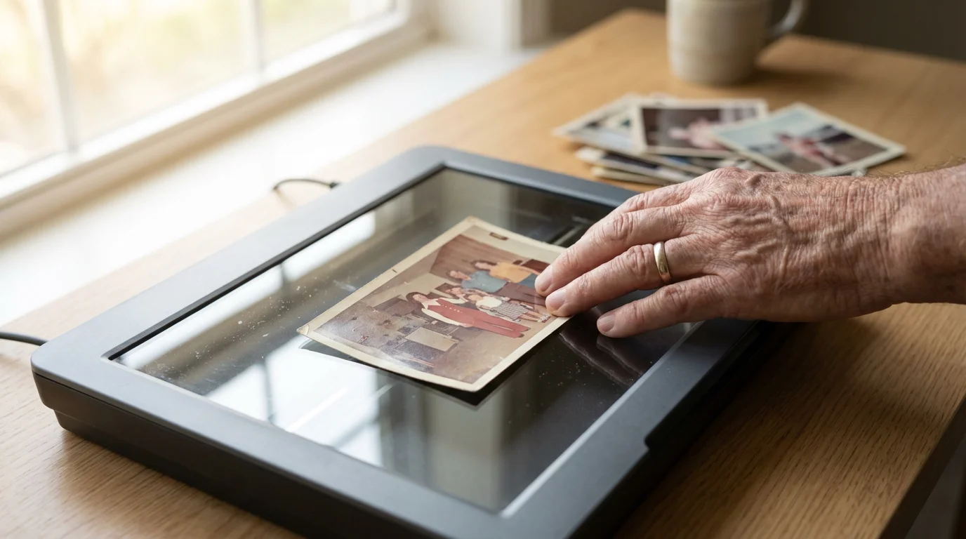 Close-up of hands placing a vintage color photograph onto a modern flatbed scanner.