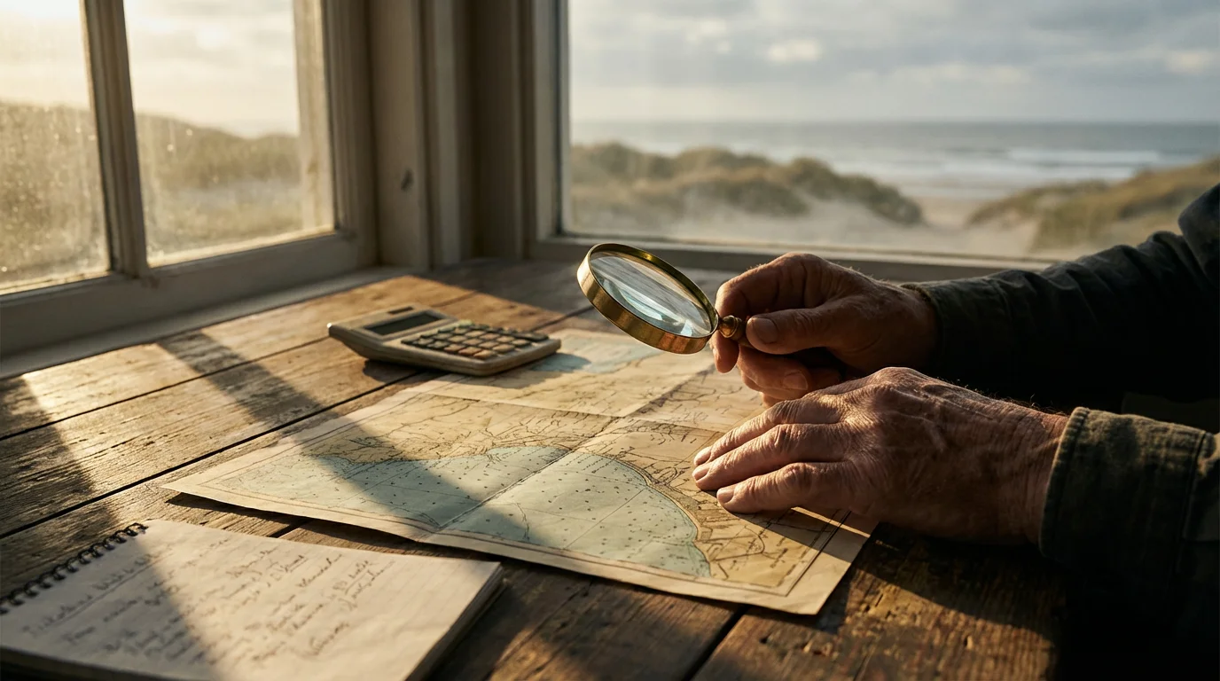 Close-up of hands with a magnifying glass analyzing a coastal map for retirement planning.