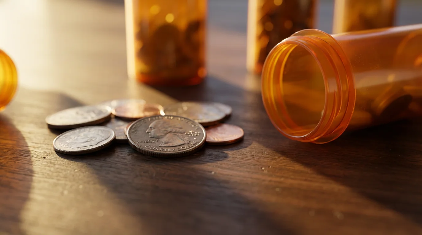 Close-up of prescription bottles and US coins, representing healthcare costs for retirees.