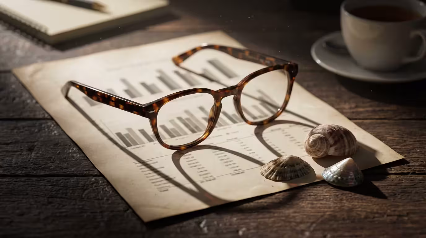 Close-up of reading glasses and seashells on a comparison chart for coastal retirement planning.