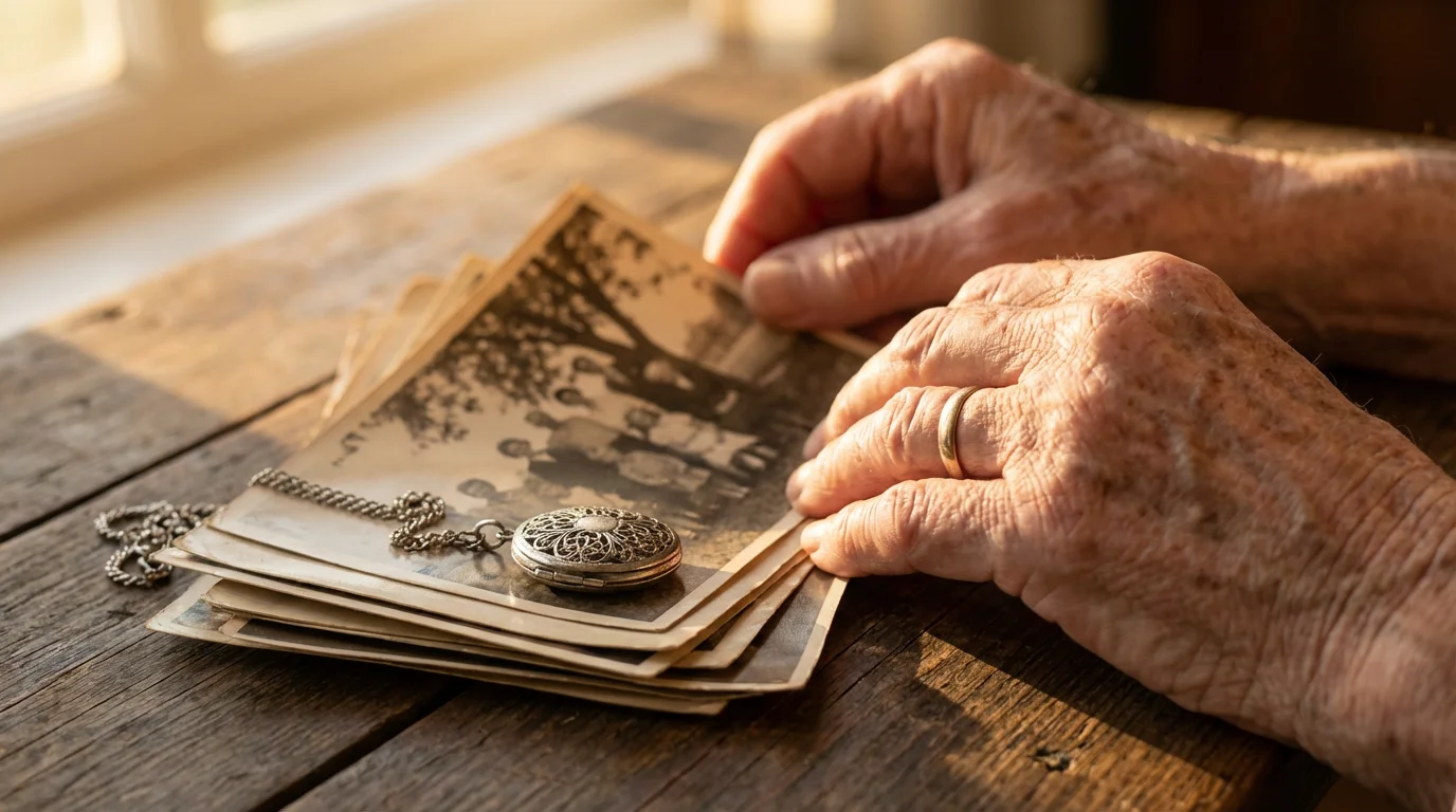 Close-up of senior hands holding a stack of old photographs and a silver locket.