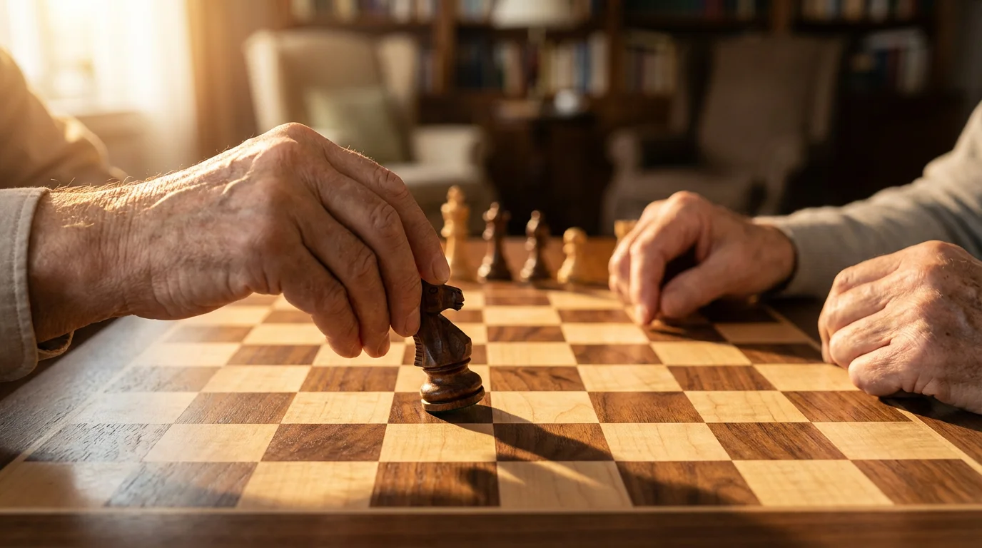 Close-up of seniors' hands playing a game of chess during a warm golden sunset.
