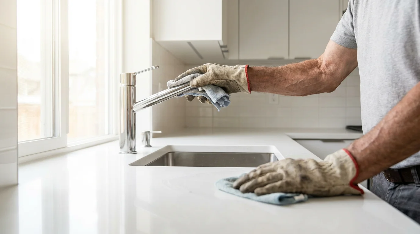Close-up on hands of a senior person deep cleaning a modern kitchen countertop and faucet.
