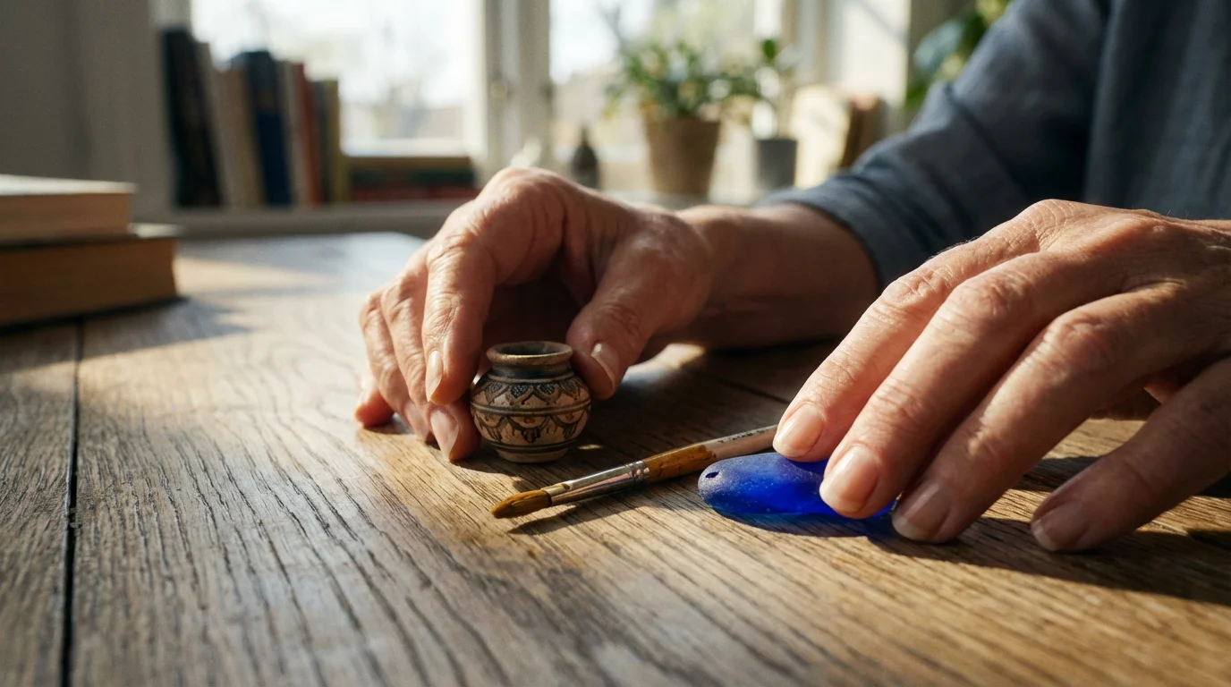 Close-up on hands sorting small art objects representing cultural criteria for retirement planning.