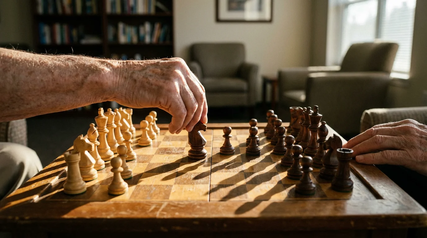 Close-up on two seniors' hands playing a strategic game of chess in afternoon light.