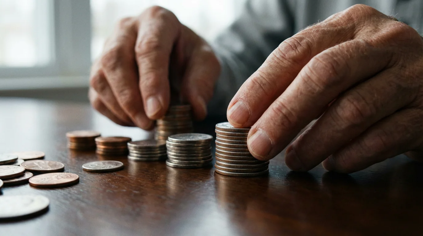 Close-up photo of elderly hands carefully sorting various stacks of coins on a table.